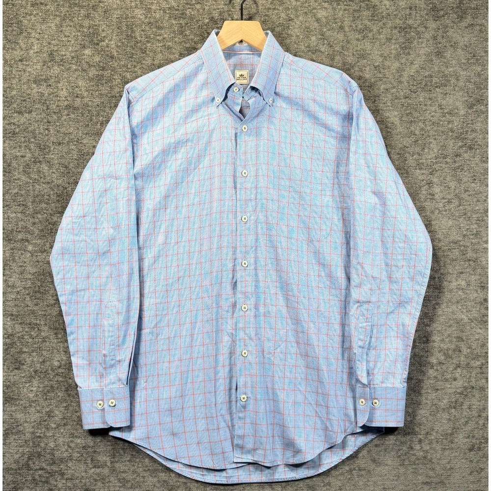 Peter Millar Shirt Men Medium Plaid Button Down Long Sleeve 100% Cotton Blue